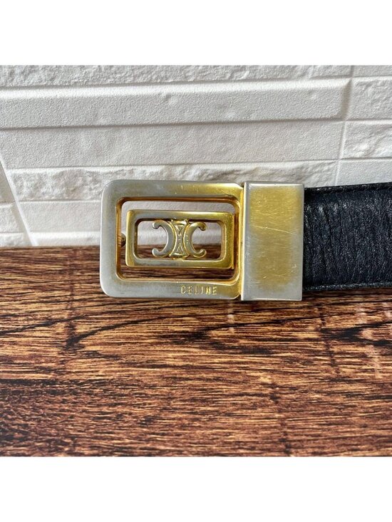 Celine Leather Triomphe Buckle Gold Belt Black